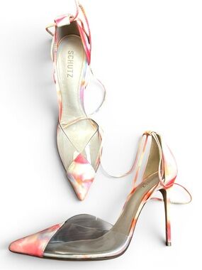SCHUTZ Pink Coral Multicolor Pointed-Toe Ankle-Tie Stiletto